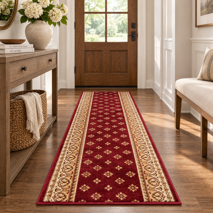 A long runner rug with a deep red field and ornate beige and gold patterned borders, shown on a hardwood floor in a bright, modern entryway.