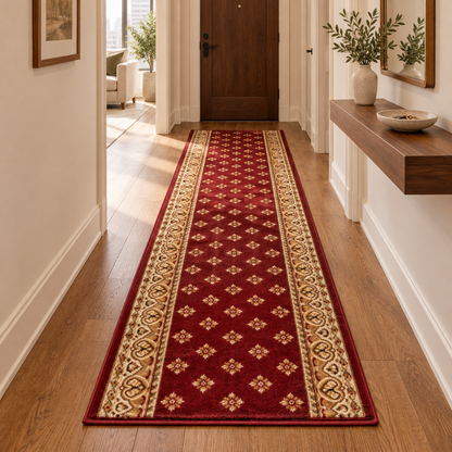 A long red runner rug with ornate beige and gold geometric patterns, laid out on a hardwood hallway leading to a wooden front door.