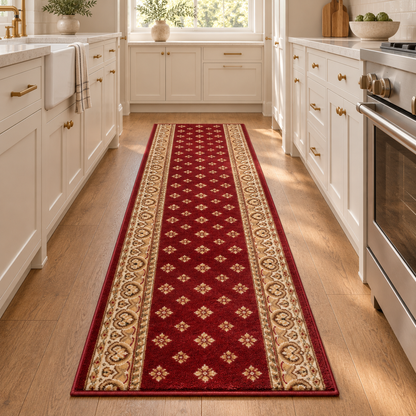 A long red runner rug with a beige and gold ornamental border is shown on a light wood kitchen floor between white cabinets and a stainless steel stove.