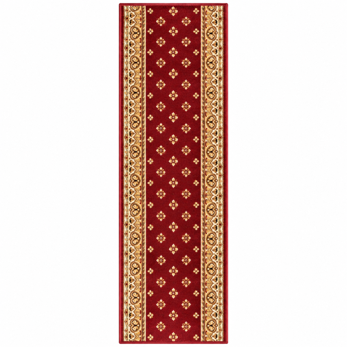 A long rectangular runner rug with a deep red center, decorated with repeating small floral motifs and ornate gold and beige borders on both sides, shown flat against a white background.