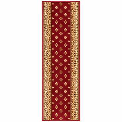 A long rectangular runner rug with a deep red center, decorated with repeating small floral motifs and ornate gold and beige borders on both sides, shown flat against a white background.