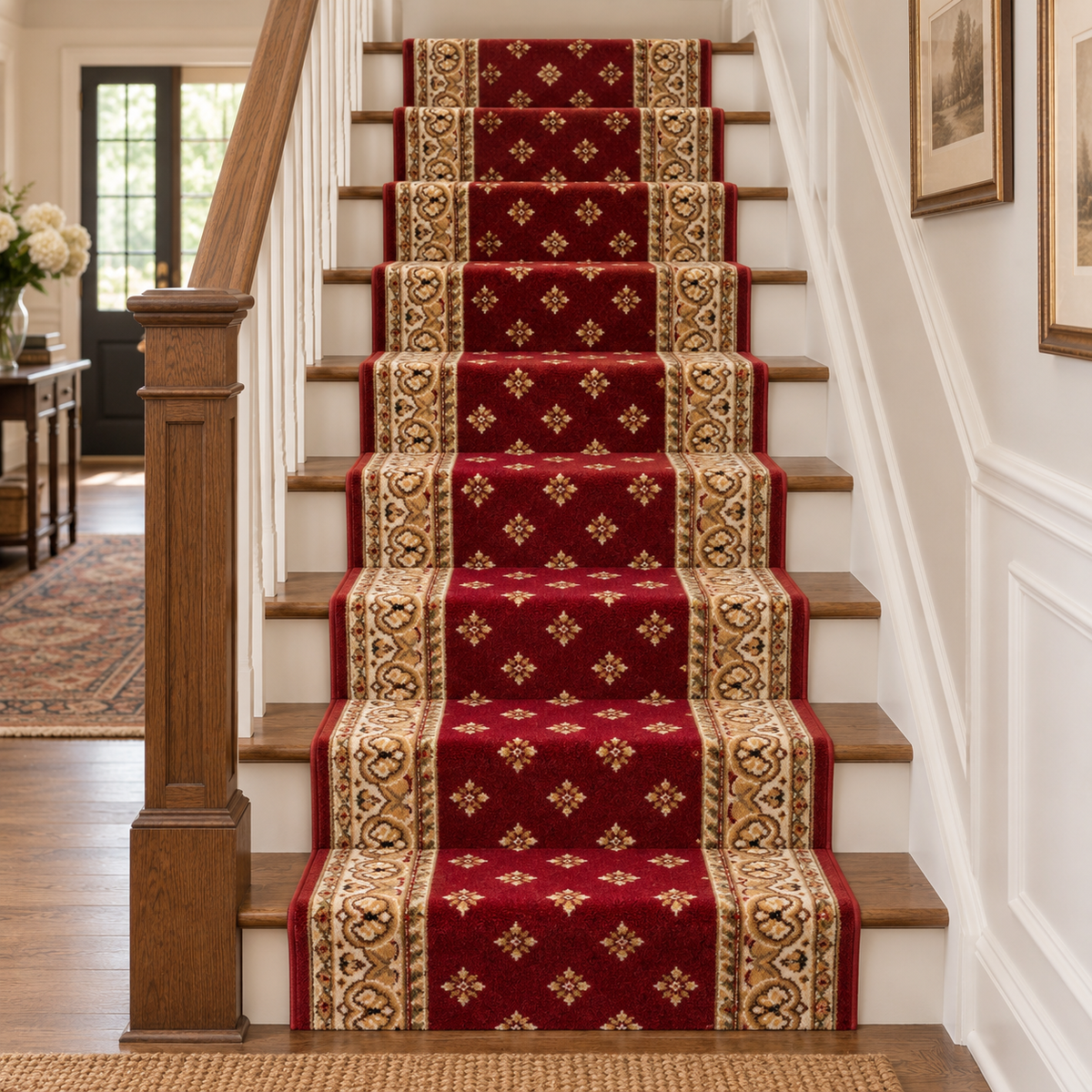 A set of red stair carpet runners with ornate gold and beige patterns, installed on a wooden staircase in a bright, white-walled home.