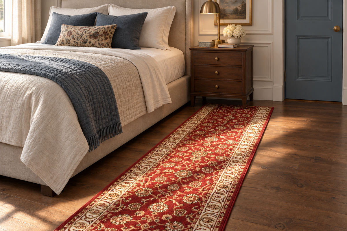 A long red and beige patterned runner rug is styled on a hardwood floor in a bedroom setting, leading from a bed with neutral bedding to a wooden nightstand.