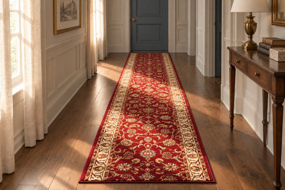 A long red runner rug with an ornate beige floral pattern is shown on a hardwood floor in a bright hallway with white walls, a blue door, curtains, and a wooden console table.