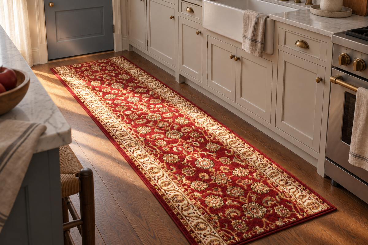 A long red and beige patterned runner rug laid on a hardwood kitchen floor between white cabinets and a stove.