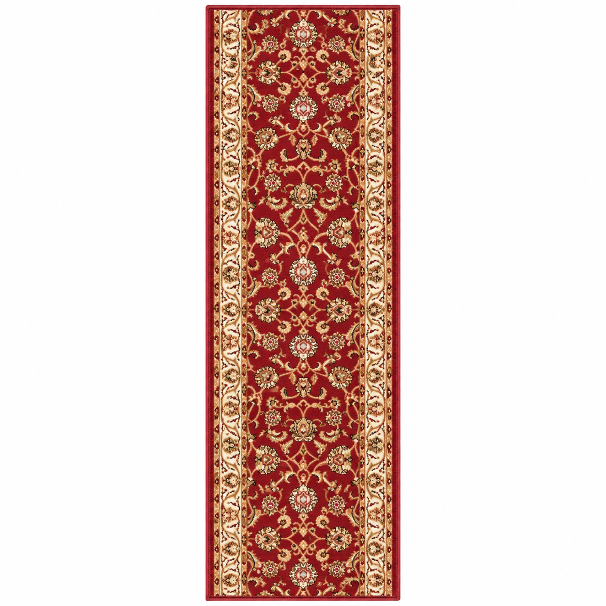A long rectangular area rug with an ornate traditional floral pattern in deep red, gold, and beige, shown flat against a plain white background.