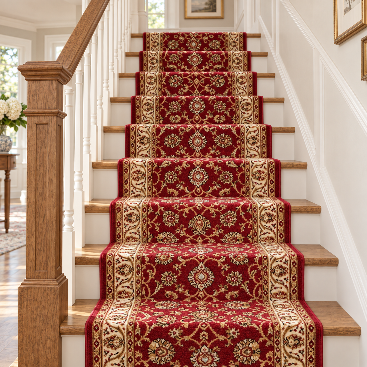 A red stair runner with ornate beige and gold floral patterns installed on a wooden staircase in a bright, white-walled home.
