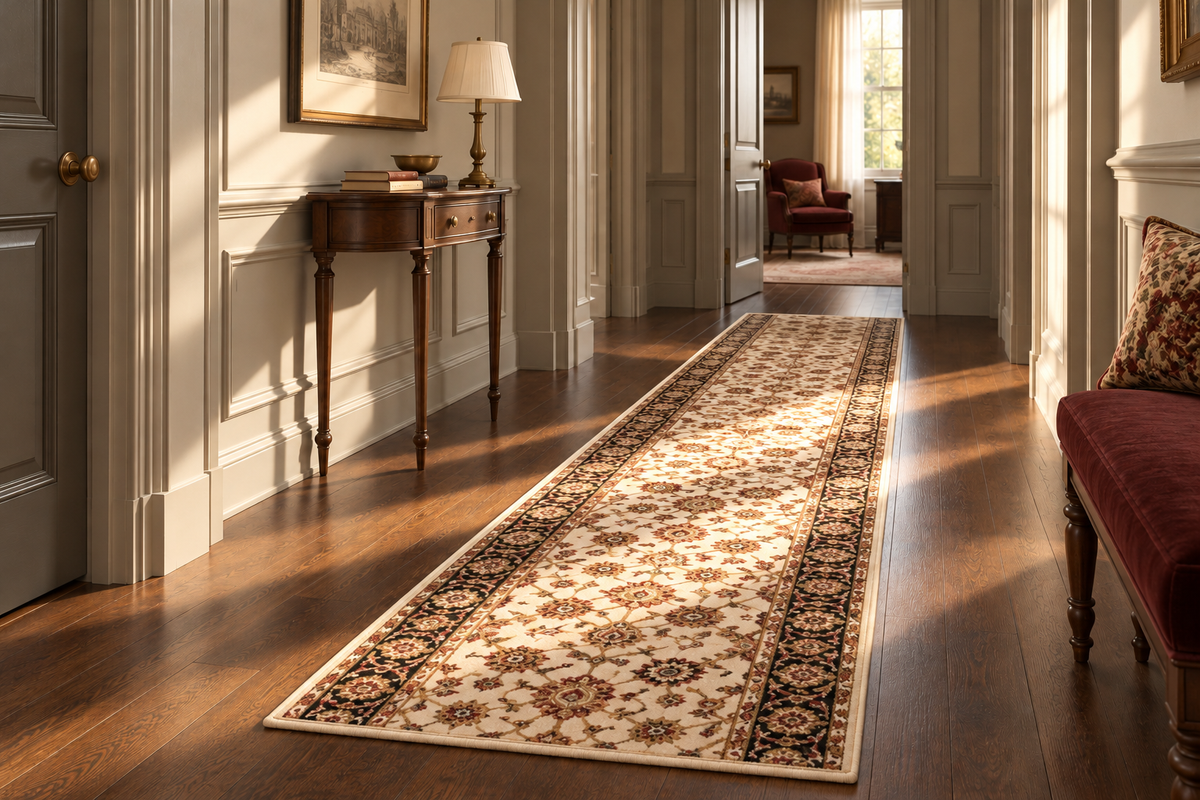 A long rectangular area rug with an ornate traditional floral pattern in beige, brown, and black, displayed on a dark wood hallway floor.