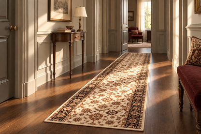 A long rectangular area rug with an ornate traditional floral pattern in beige, brown, and black, displayed on a dark wood hallway floor.