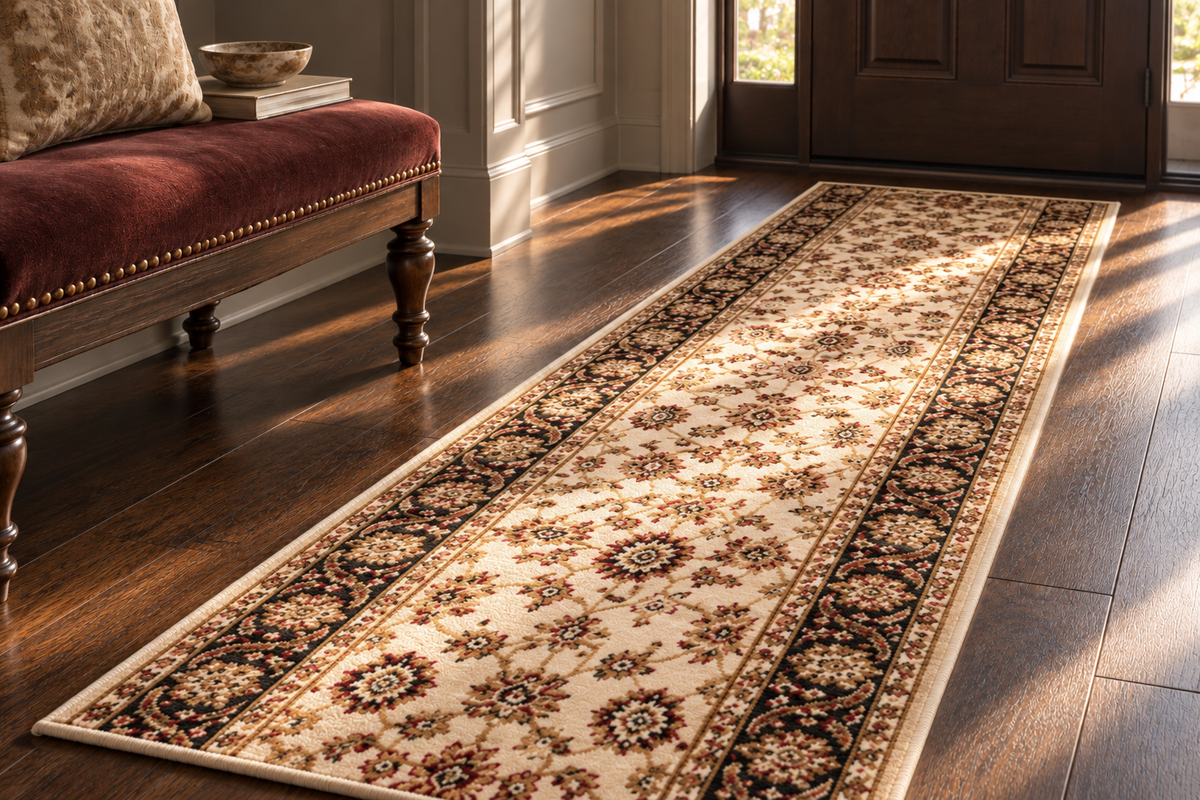 A long rectangular area rug with an ornate floral and medallion pattern in beige, brown, and cream, shown on a dark wood floor in a sunlit entryway next to a red upholstered bench.