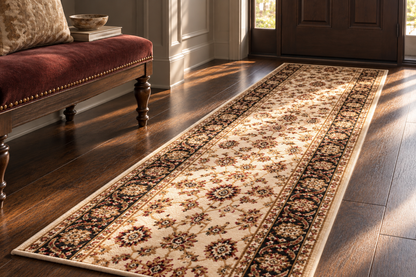 A long rectangular area rug with an ornate floral and medallion pattern in beige, brown, and cream, shown on a dark wood floor in a sunlit entryway next to a red upholstered bench.