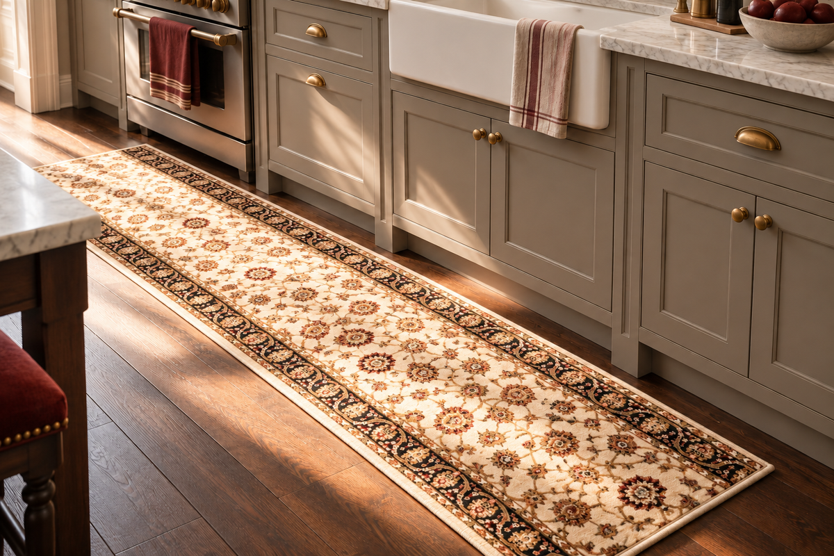 A long rectangular area rug with an ornate traditional floral pattern in beige, brown, and cream, shown on a dark wood floor in a bright kitchen with gray cabinets and a farmhouse sink.