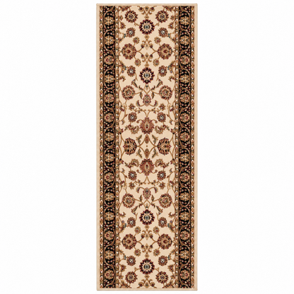 A traditional runner rug with an ornate floral pattern, featuring a beige center field, dark brown and black borders, and warm tan accents.