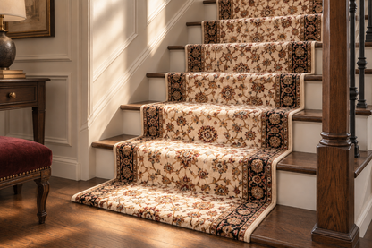 A set of traditional patterned stair carpet runners and matching stair mats shown installed on a wooden staircase in a home interior.