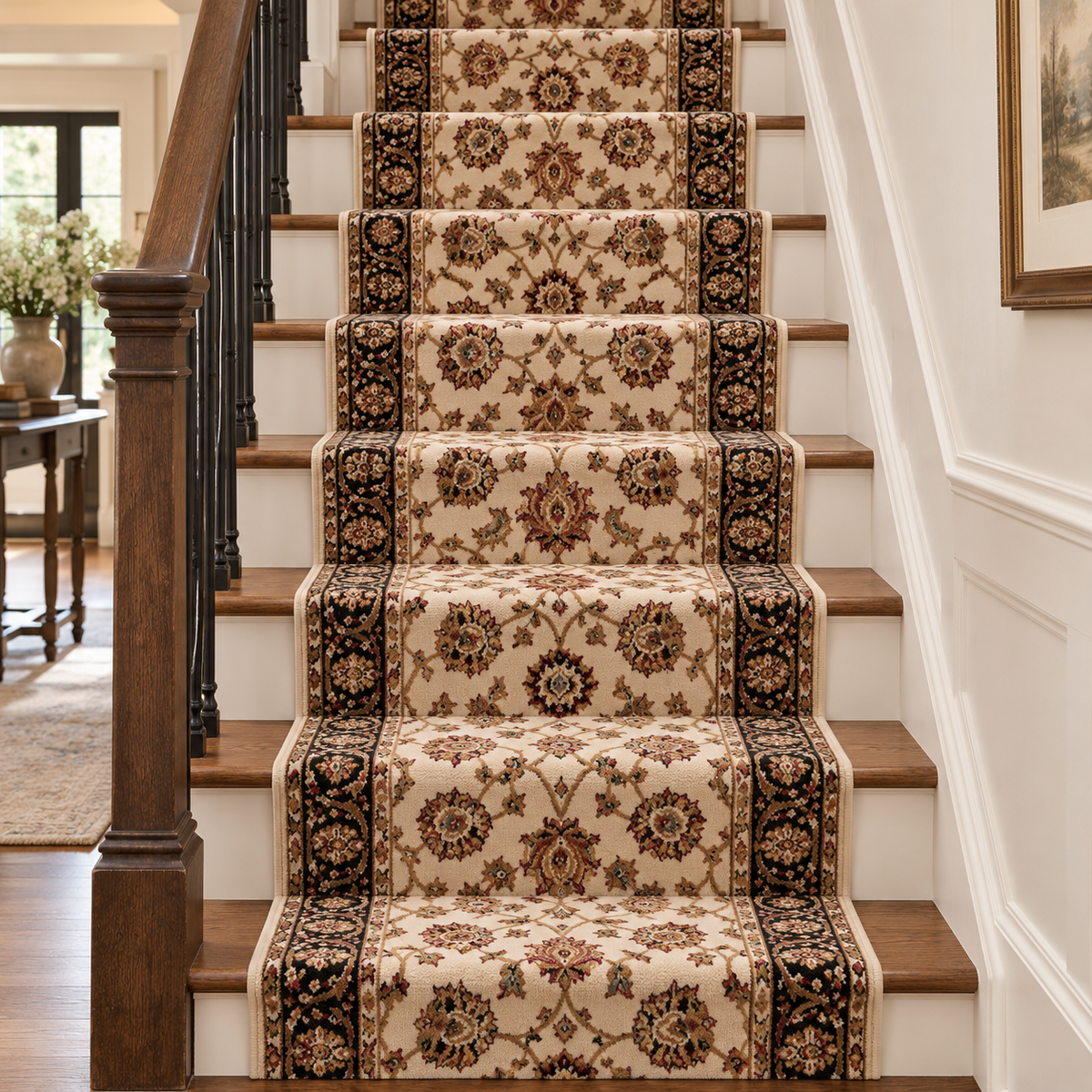 A set of traditional patterned carpet stair runners installed on a wooden staircase in a home interior, featuring ornate floral motifs in beige, brown, and black.