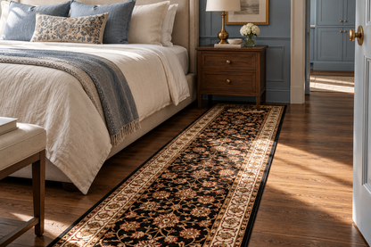 A long traditional runner rug with a black, beige, and gold floral pattern is styled on a hardwood floor in a beautifully decorated bedroom next to a bed with neutral bedding.