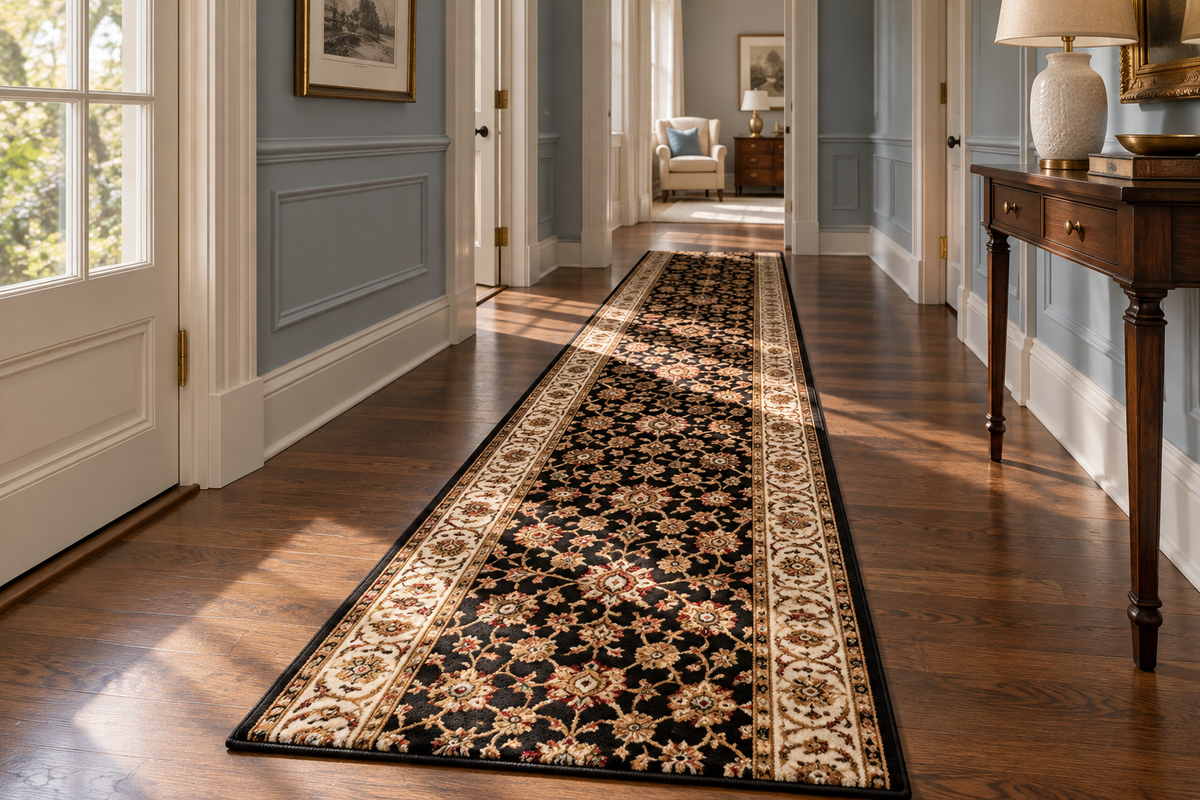 A long runner rug with an ornate floral pattern in black, beige, and cream, displayed on a hardwood floor in a bright hallway with blue-gray walls.