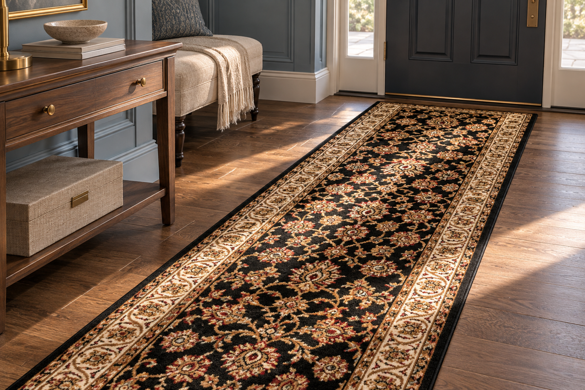 A long runner rug with an ornate floral pattern in black, beige, and gold, shown on a hardwood floor in a styled entryway next to a wooden console table.