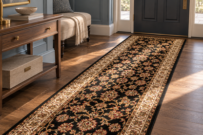 A long runner rug with an ornate floral pattern in black, beige, and gold, shown on a hardwood floor in a styled entryway next to a wooden console table.
