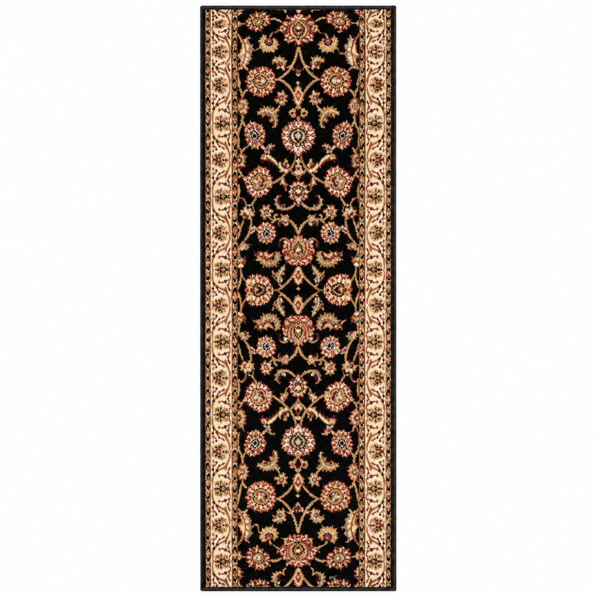 A long rectangular area rug with an ornate floral and vine pattern on a black field, bordered by beige and gold decorative bands, shown flat against a white background.