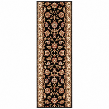 A long rectangular area rug with an ornate floral and vine pattern on a black field, bordered by beige and gold decorative bands, shown flat against a white background.