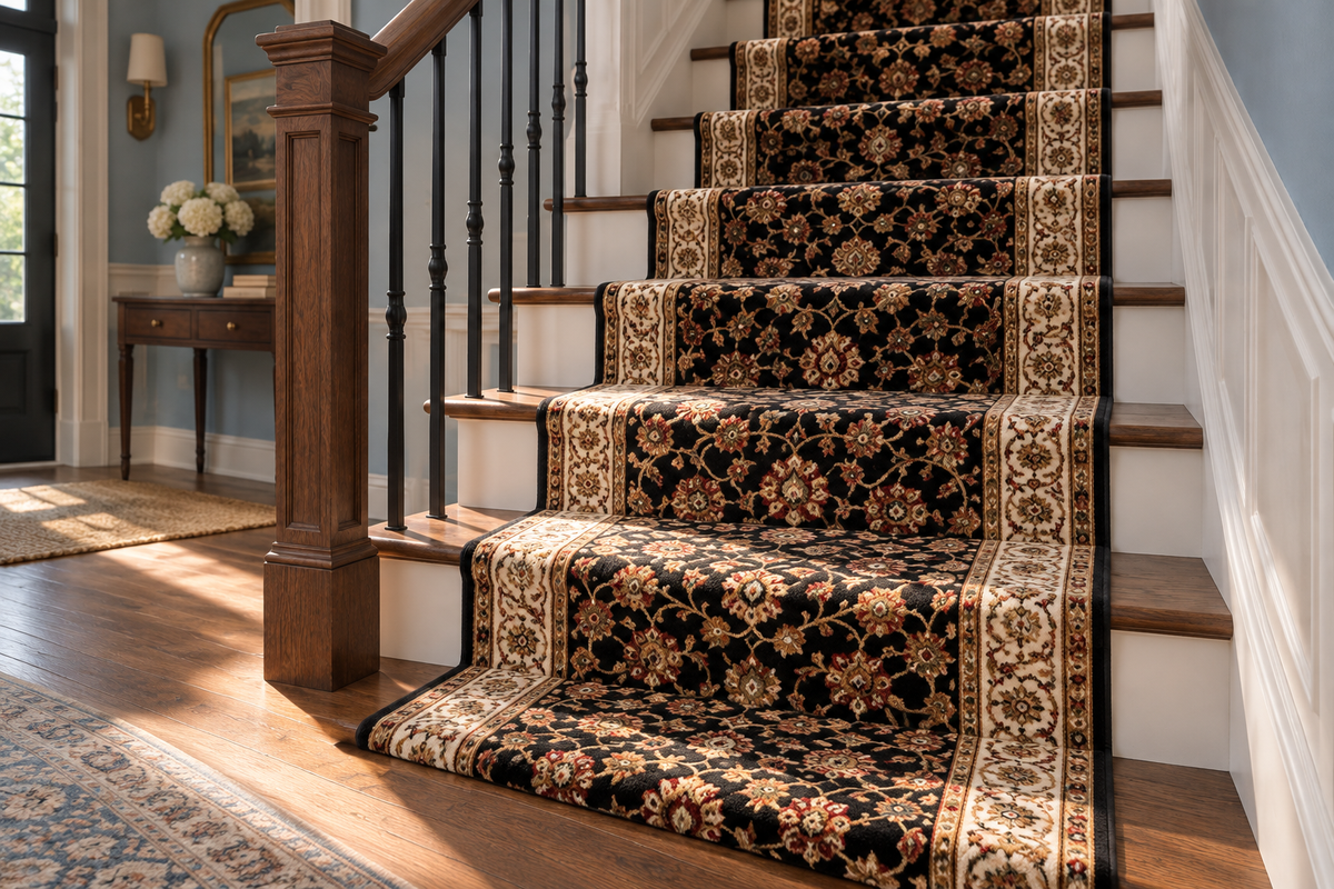 A traditional patterned stair runner with floral motifs in black, gold, and beige, installed on a wooden staircase in a home interior.