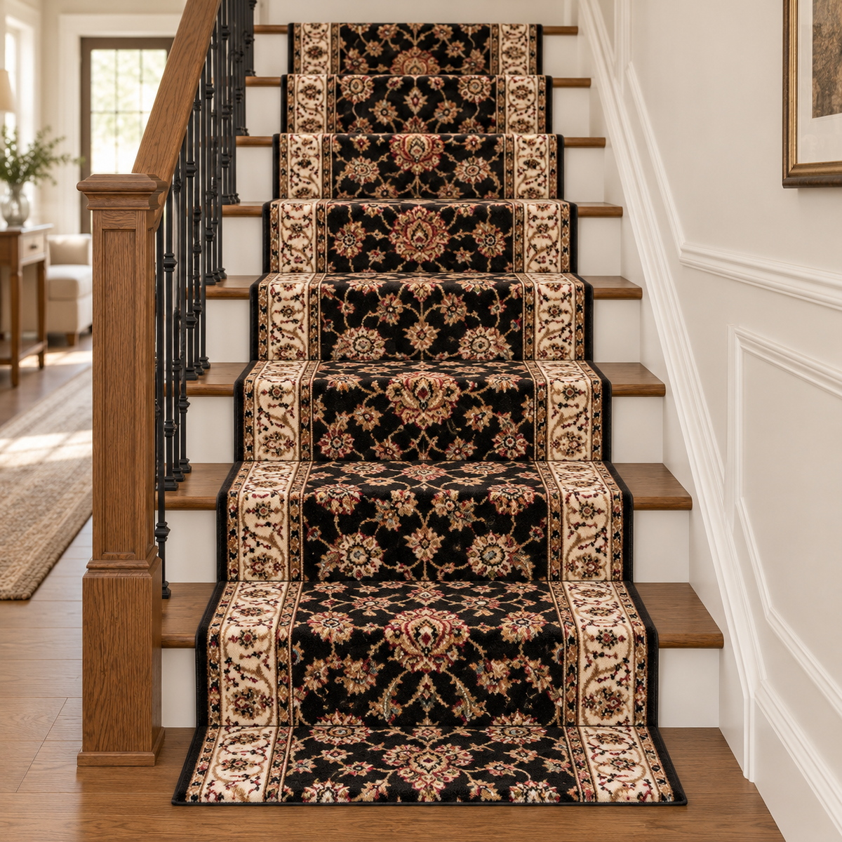A set of traditional patterned carpet stair runners styled on a wooden staircase in a bright, white-paneled home interior.