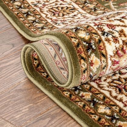 Decorative rug with intricate patterns on a wooden floor