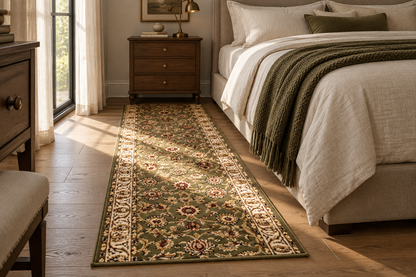 A long rectangular area rug with an ornate floral and scroll pattern in olive green, beige, and rust red, styled on a light wood floor in a sunlit bedroom next to a bed and nightstand.