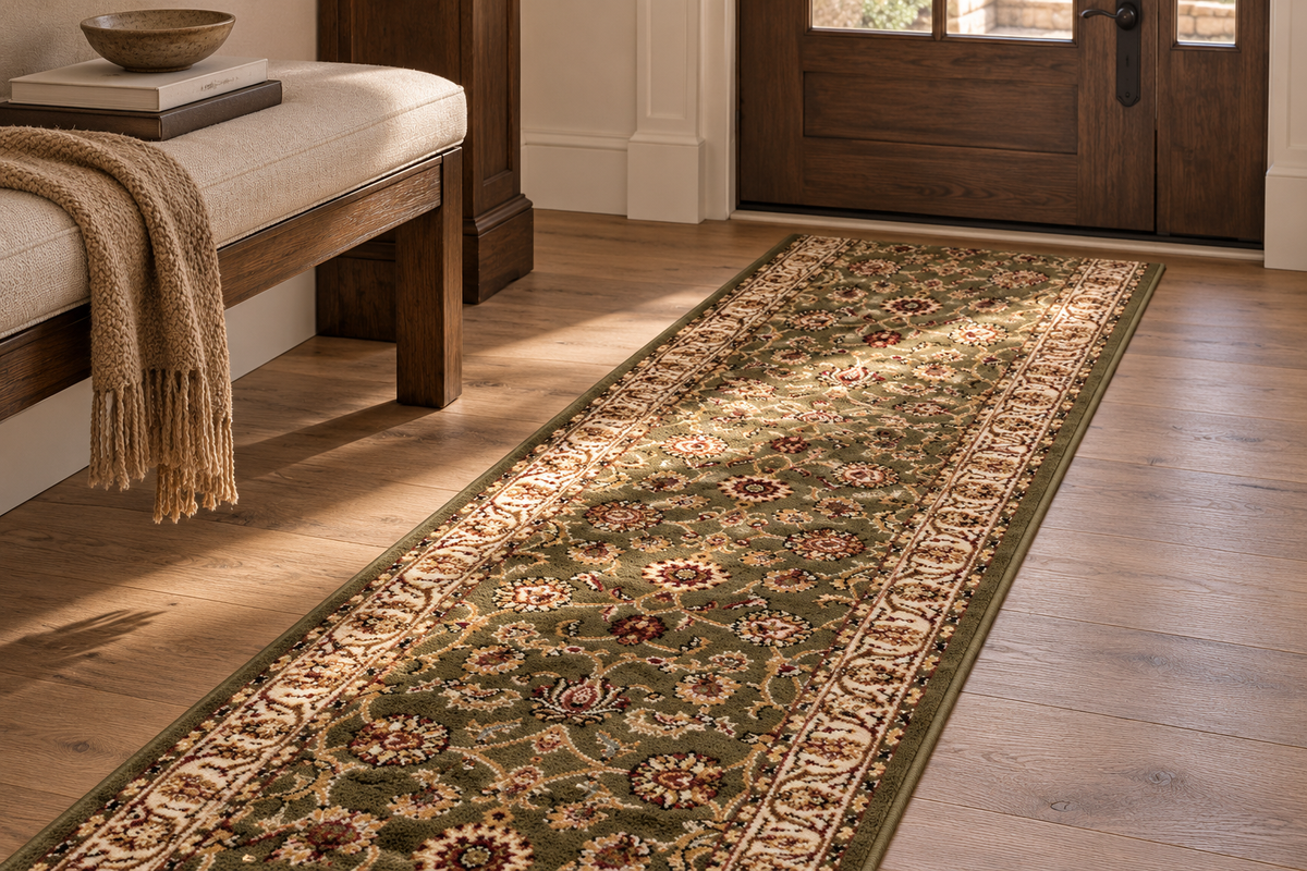 An indoor entryway scene showing a long rectangular area rug laid on a wood floor beside a bench and a wooden door. The rug has an ornate floral and scroll pattern in olive green, beige, cream, and muted red tones.