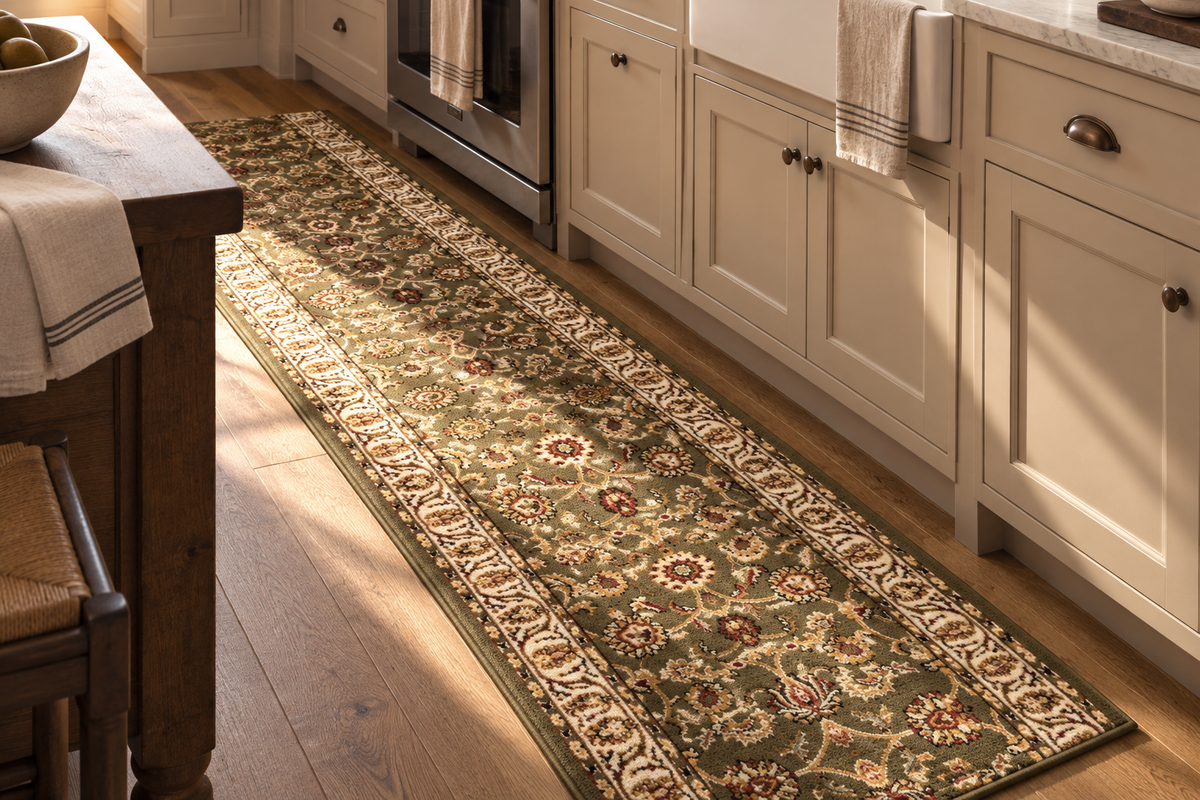 A long rectangular area rug with an ornate floral and scroll pattern in olive green, beige, and rust red, shown on a hardwood kitchen floor between cream cabinets.
