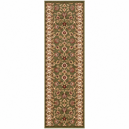 A long rectangular area rug with an ornate traditional floral pattern in olive green, beige, and rust red, shown flat against a white background.