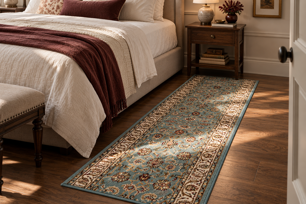 A long runner rug with a traditional floral pattern in shades of blue, beige, and brown, styled on a dark wood floor in a bedroom next to a bed.