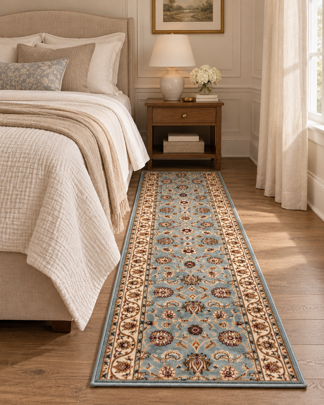 A long runner rug with a traditional floral pattern in shades of blue, beige, and brown, shown on a hardwood floor in a styled bedroom setting.