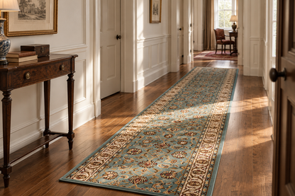 A long rectangular area rug with an ornate traditional pattern in blue, beige, and brown tones, shown on a hardwood hallway floor with sunlight streaming in from a window.