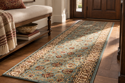 A long runner rug with a traditional floral pattern in shades of blue, beige, and brown, shown on a hardwood floor in a sunlit entryway next to a bench.