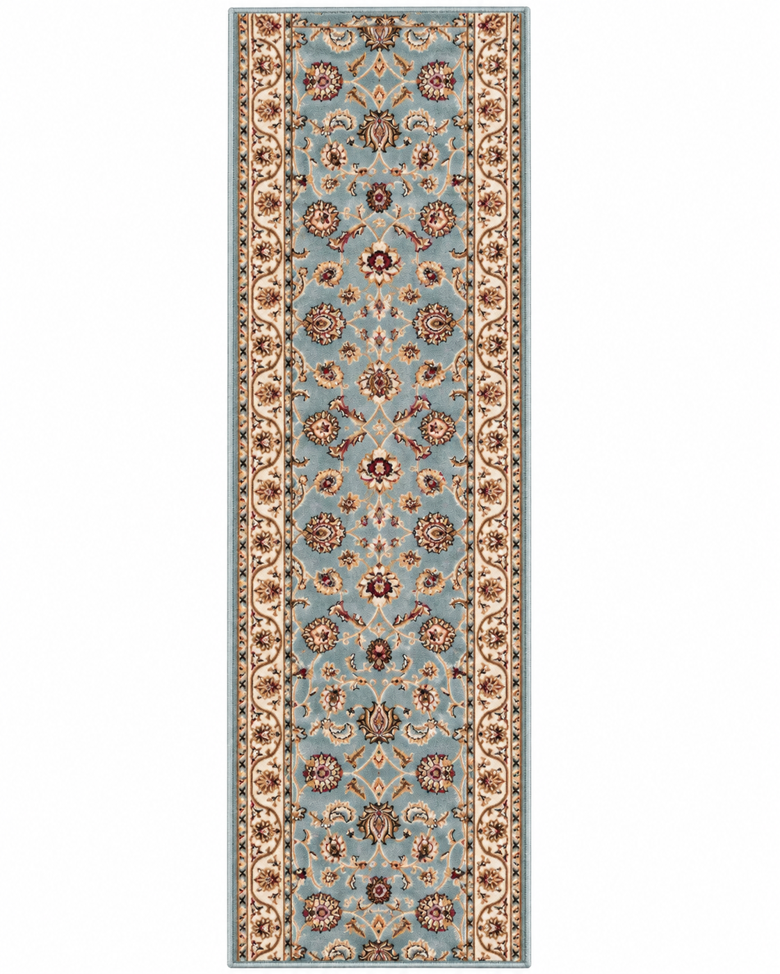 A long rectangular area rug with an ornate traditional floral pattern in dusty blue, beige, brown, and muted red tones, shown flat against a white background.