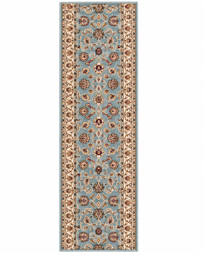 A long rectangular area rug with an ornate traditional floral pattern in dusty blue, beige, brown, and muted red tones, shown flat against a white background.