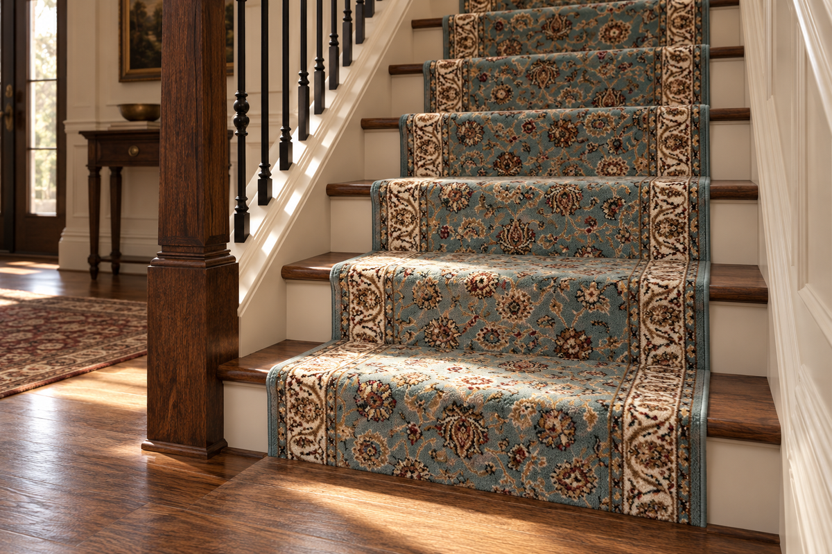 A set of traditional stair carpet runners with a blue, beige, and brown floral pattern, installed on a wooden staircase in a home interior.