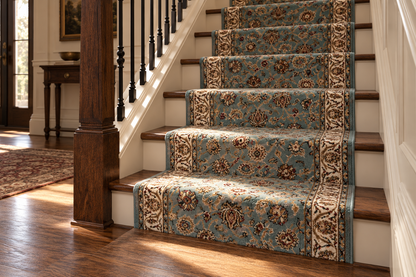 A set of traditional stair carpet runners with a blue, beige, and brown floral pattern, installed on a wooden staircase in a home interior.