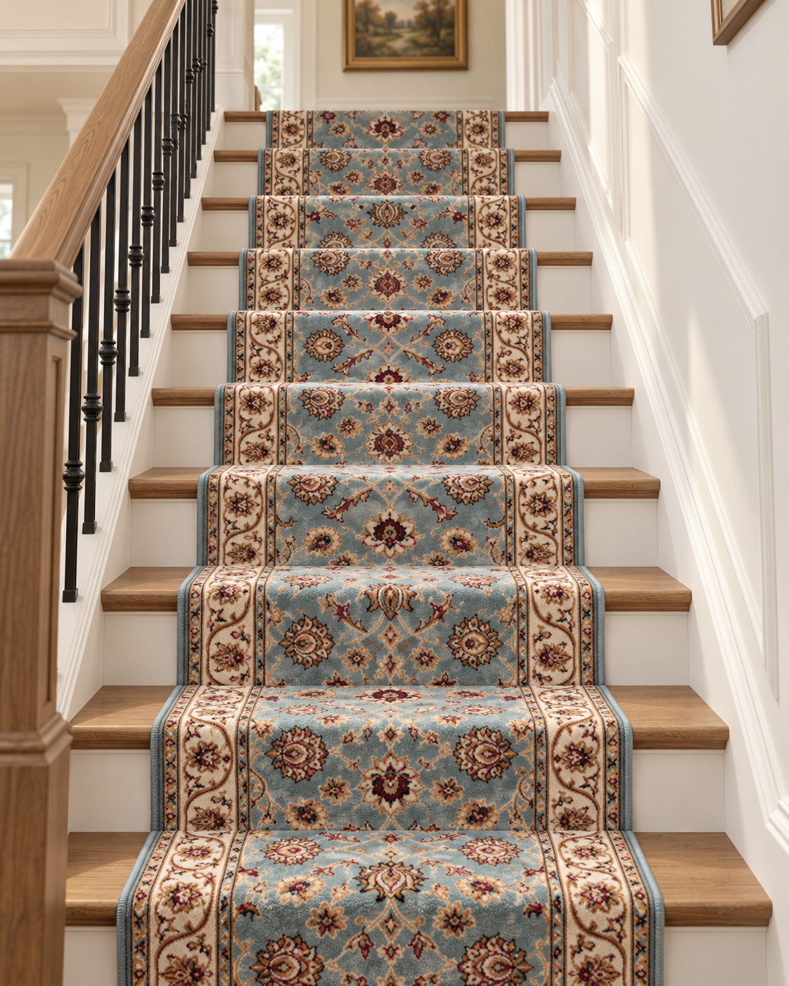 A set of traditional patterned stair runner rugs in a dusty blue color with intricate red, beige, and gold floral motifs, shown installed on a wooden staircase in a bright, elegant interior.