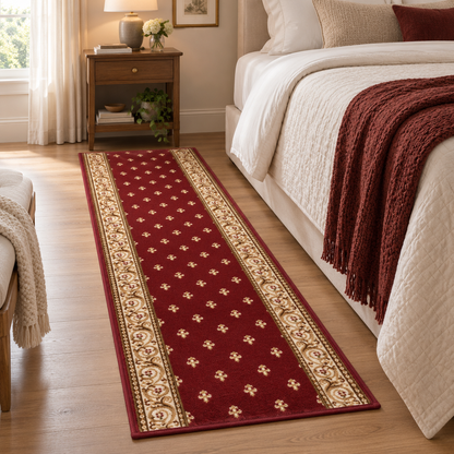 red rug presented in bedroom setting
