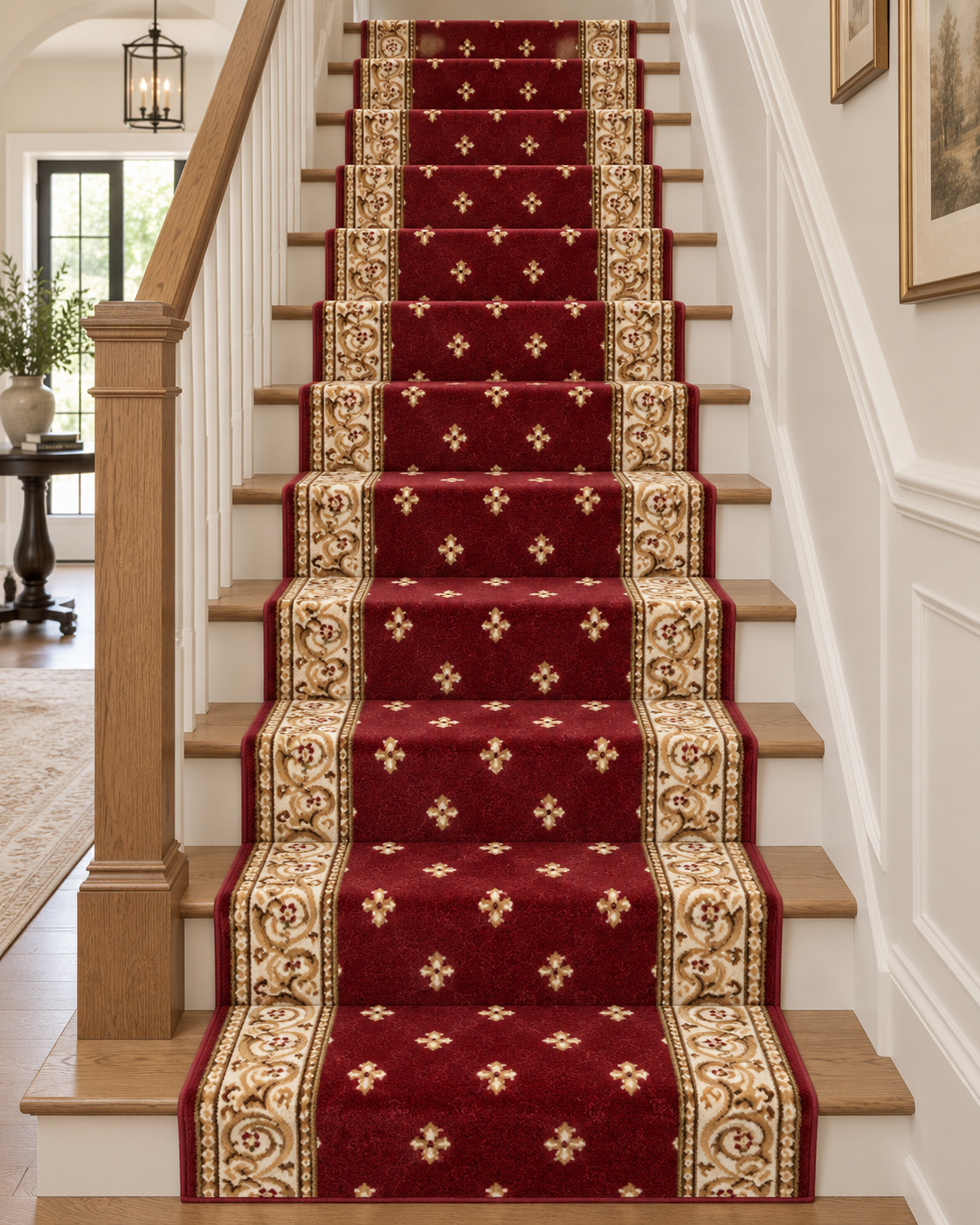 A red stair runner with ornate gold and beige floral borders installed on a wooden staircase in a bright home interior.
