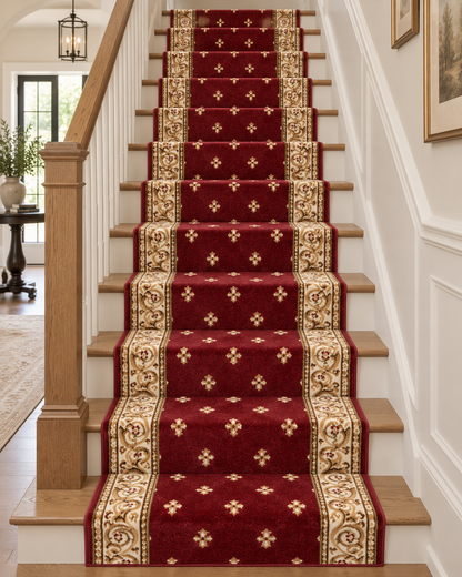 A red stair runner with ornate gold and beige floral borders installed on a wooden staircase in a bright home interior.