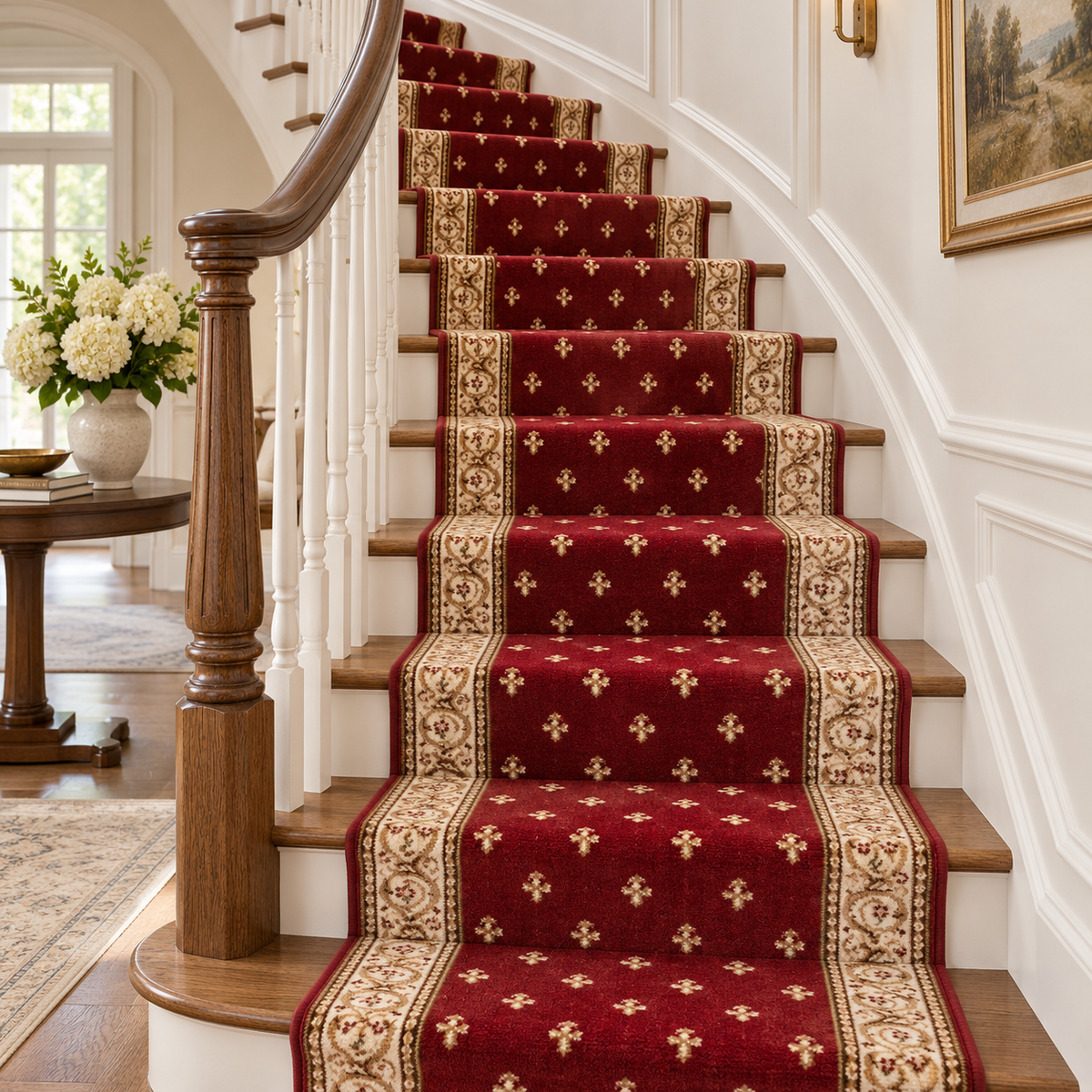 A red carpet runner with gold floral motifs and beige borders installed on a wooden staircase in a bright, elegant interior.