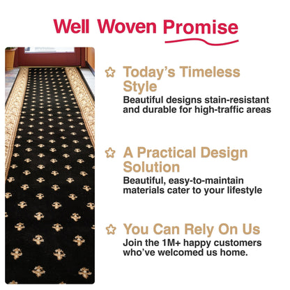 Custom Size Hallway & Stair Runner Fleur de Lis Traditional Black  27 Inch Wide x Choose Your Custom Length Runner Rug Well Woven
