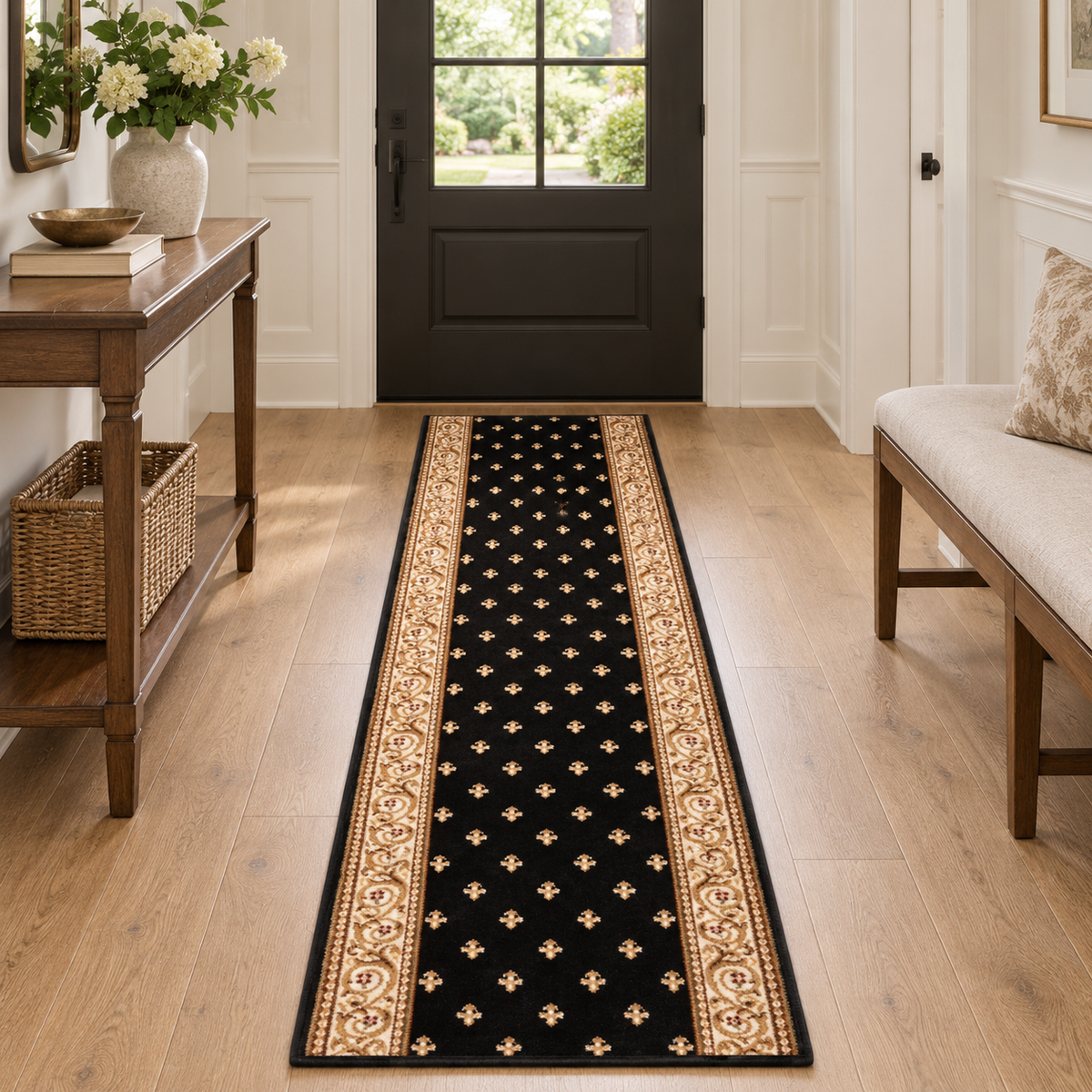 A long black runner rug with ornate beige and gold patterned borders and small repeating motifs, placed on a light wood floor in a bright entryway with a bench, console table, and door visible.