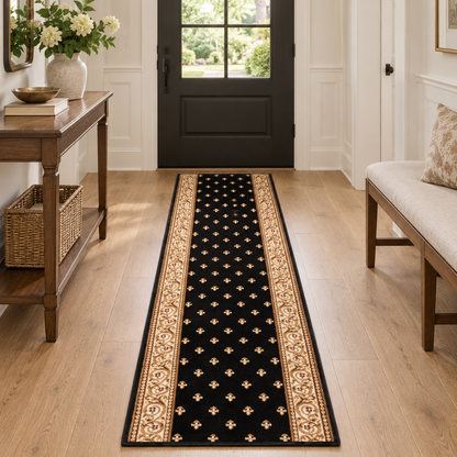 A long black runner rug with ornate beige and gold patterned borders and small repeating motifs, placed on a light wood floor in a bright entryway with a bench, console table, and door visible.