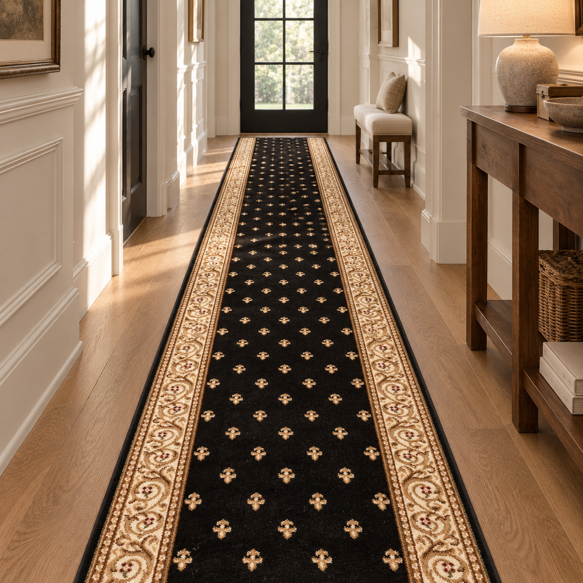 A long runner rug in a hallway, featuring a black center with small gold fleur-de-lis motifs and ornate gold borders on both sides, set on a light wood floor.