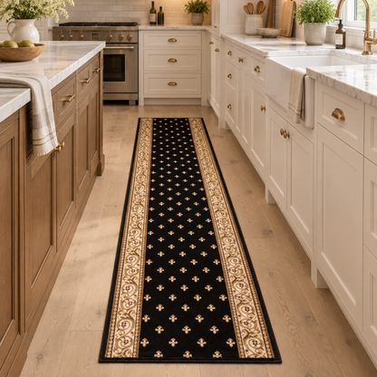 A long black kitchen runner rug with a beige ornamental border and small gold floral motifs, shown on a light wood floor in a bright white kitchen.